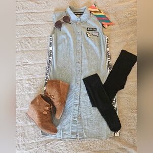 KARL LAGERFELD Blue Button Down Causal Denim Dress With Patches Size 2